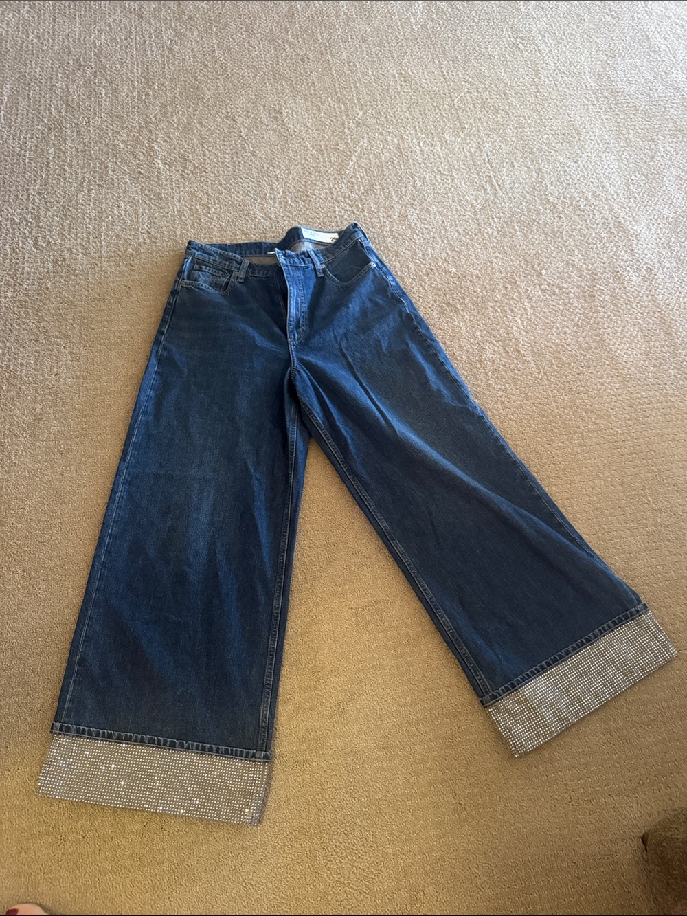 rag & bone Dark Blue Wide-Leg Jeans with Rhinestone Cuffs